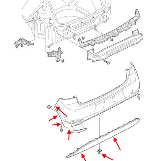 Diagrama de montaje del parachoques trasero VW Golf Sportsvan