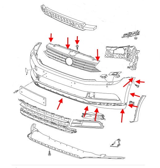 Diagrama de montaje del parachoques delantero del VW Passat B8 