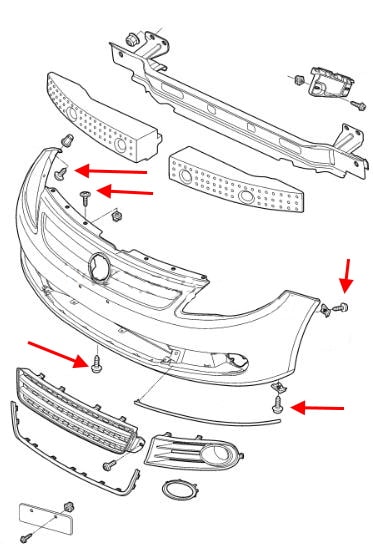 Схема крепления переднего бампера VW Gol (2008-2016)
