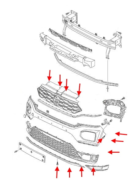 Befestigungsdiagramm der vorderen Stoßstange des VW T-Roc 