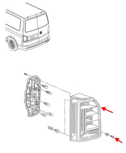 Схема крепления заднего фонаря VW T6 Transporter, Caravelle, Multivan
