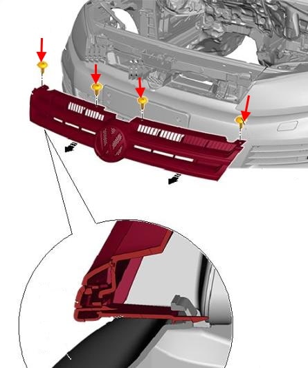 Схема крепления решетки радиатора VW Touareg II (2010-2018)