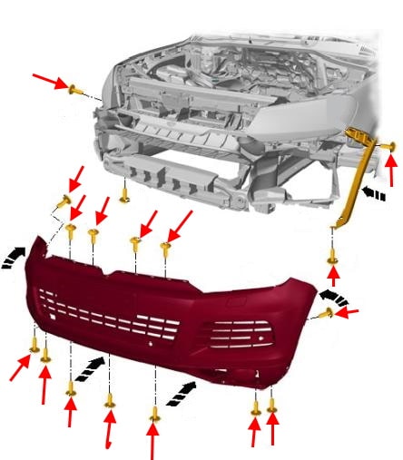 Esquema de montaje del parachoques delantero VW Touareg II (2010-2018)