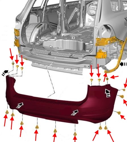 Esquema de montaje del parachoques trasero VW Touareg II (2010-2018)