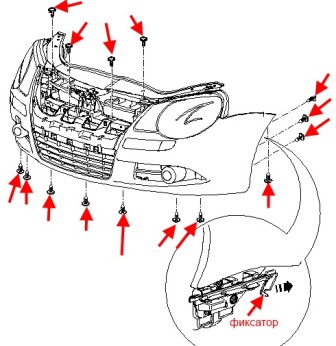 the scheme of fastening of the front bumper of the VW EOS