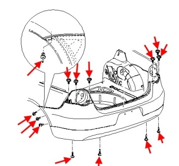 the scheme of fastening the rear bumper of the VW EOS