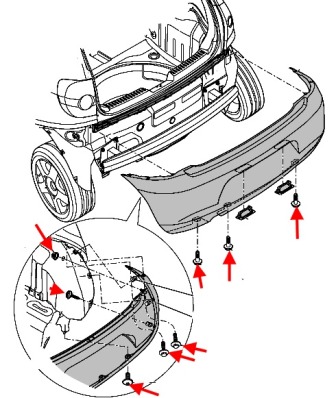 схема крепления заднего бампера VW FOX