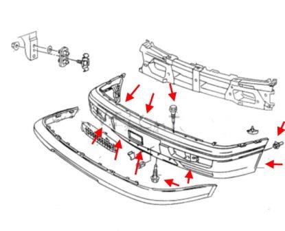 Esquema de fijación del parachoques delantero del VW Golf 3 (vento)