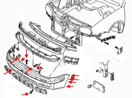 the scheme of fastening of the front bumper VW Golf 4