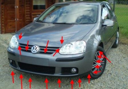 the attachment of the front bumper VW Golf 5