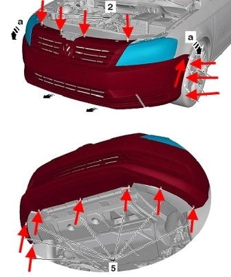 the scheme of fastening of the front bumper VW PASSAT B7 (CC)