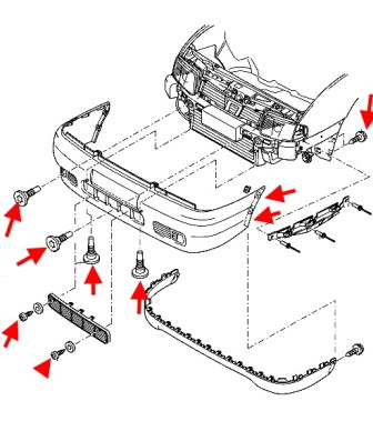 the scheme of fastening of the front bumper VW POLO (up to 2001)