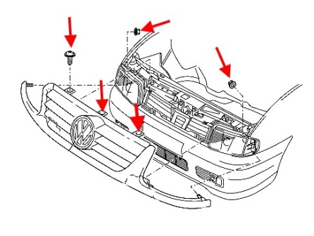Schema der Befestigung des Kühlergrills VW POLO (bis 2001) 