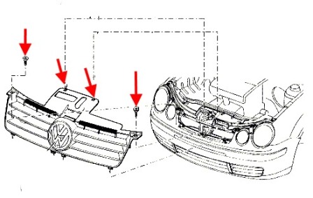 scheme of fastening of the radiator grille VW POLO (2001-2009)
